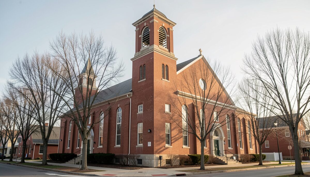A tall red brick church corner with a square bell tower, bare winter trees along the sidewalk, no people in view.