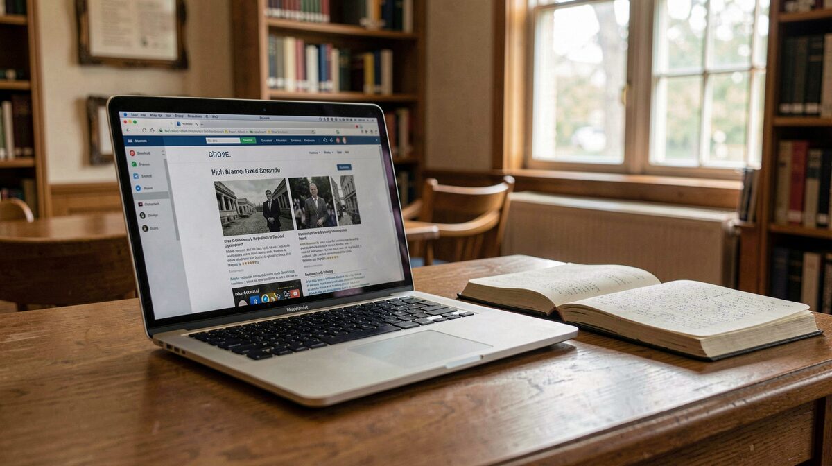A quiet reading room in a midwestern public library, afternoon window light falling across an open laptop showing a web archive page, a historian's notebook beside it, framed close on desk and screen.