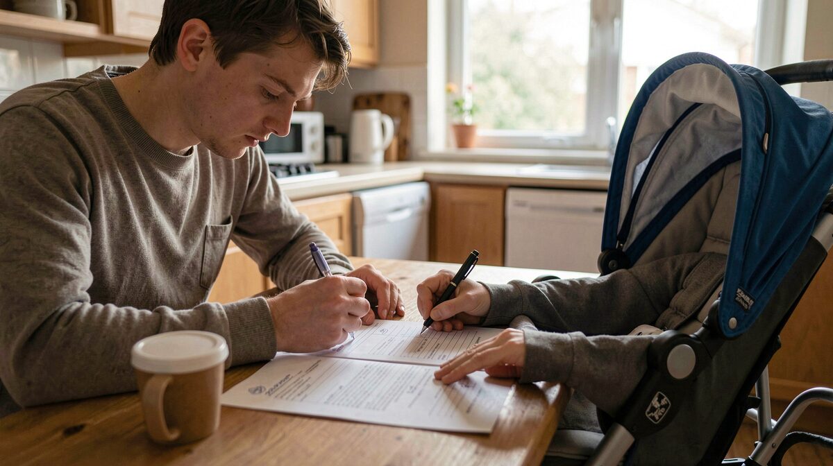 A young father filling out an official form at a kitchen table, baby stroller nearby, soft morning light through a window, close framing on hands and documents