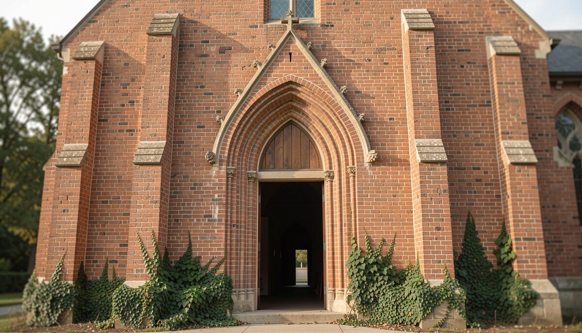 A brick church wall with a pointed arch doorway, ivy at the base, in soft morning light.