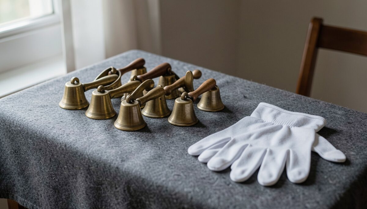 A felt-covered table with brass handbells laid in a row, white gloves beside them.