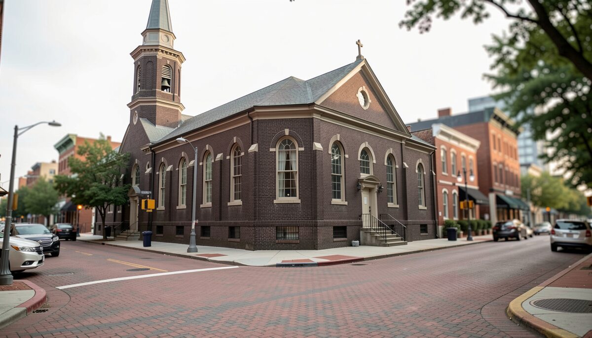 A corner church of dark brick with a bell tower, seen from across a brick-paved downtown street.