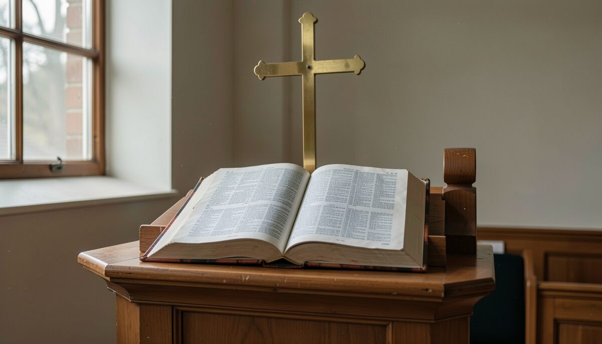 An open hymnal on a pulpit ledge, a brass cross behind it, morning light from a side window.