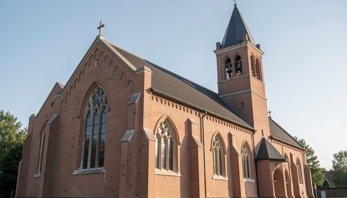 A brick church exterior with pointed arch windows and a bell tower against a clear sky.
