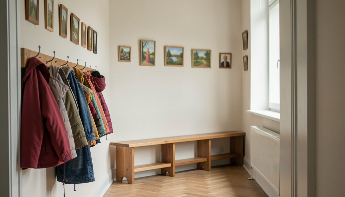 A church hallway with children's coat hooks, small paintings on the wall, a low bench below.