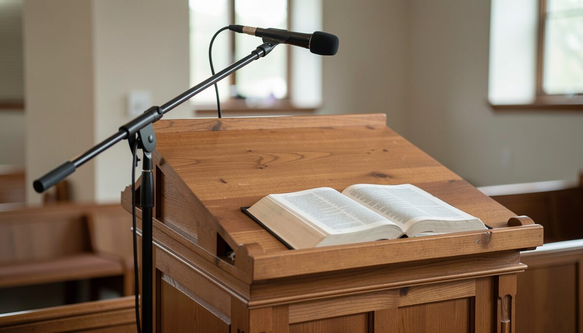 A wooden pulpit with a microphone stand beside it, an open Bible resting on the lectern.