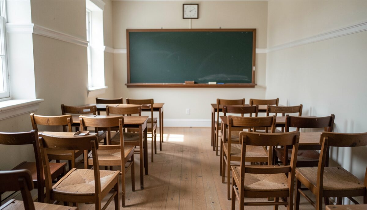 A narrow church classroom with rows of wooden chairs and a blackboard, chalk tray empty.