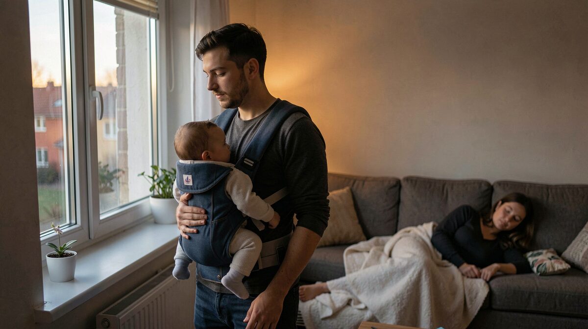 A young Czech father in a softly lit living room at dusk, baby in a front carrier, standing by a window while the mother rests on a sofa in the background, shot from a low, respectful angle.
