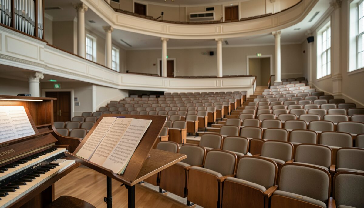 A choir loft with empty seats and open anthem folders, organ console partly visible at the left.